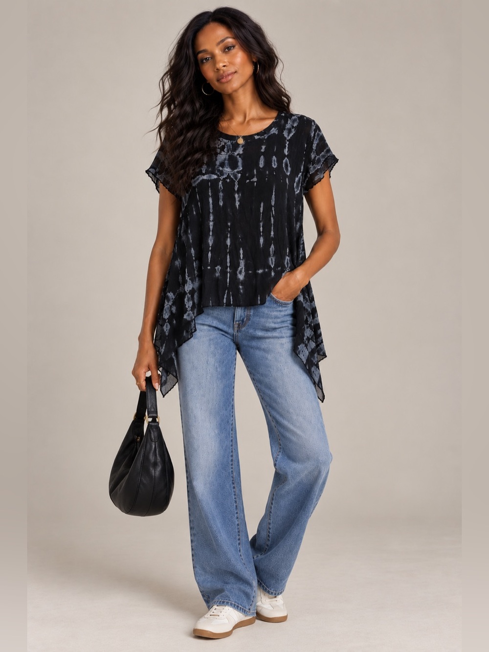 Blu Pepper Black Tie-Dye Handkerchief Hem Short Sleeve Tunic